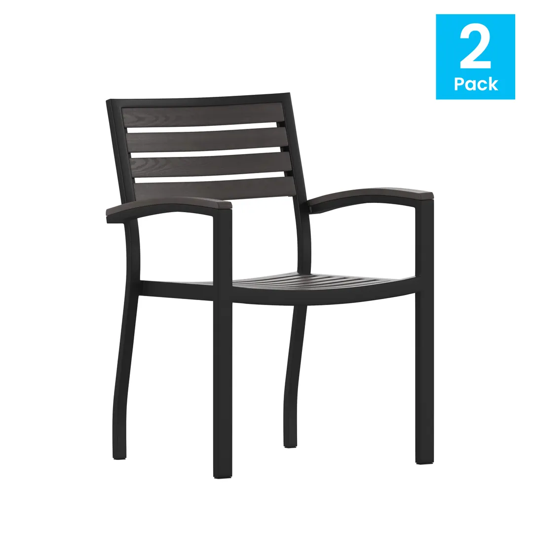 Flash Furniture 2-XU-DG-HW6006-GY-GG Lark Stackable Faux Teak Side Chair, 300 lb. Capacity, Gray, Plastic Back & Seat, Aluminum Frame, Set of 2