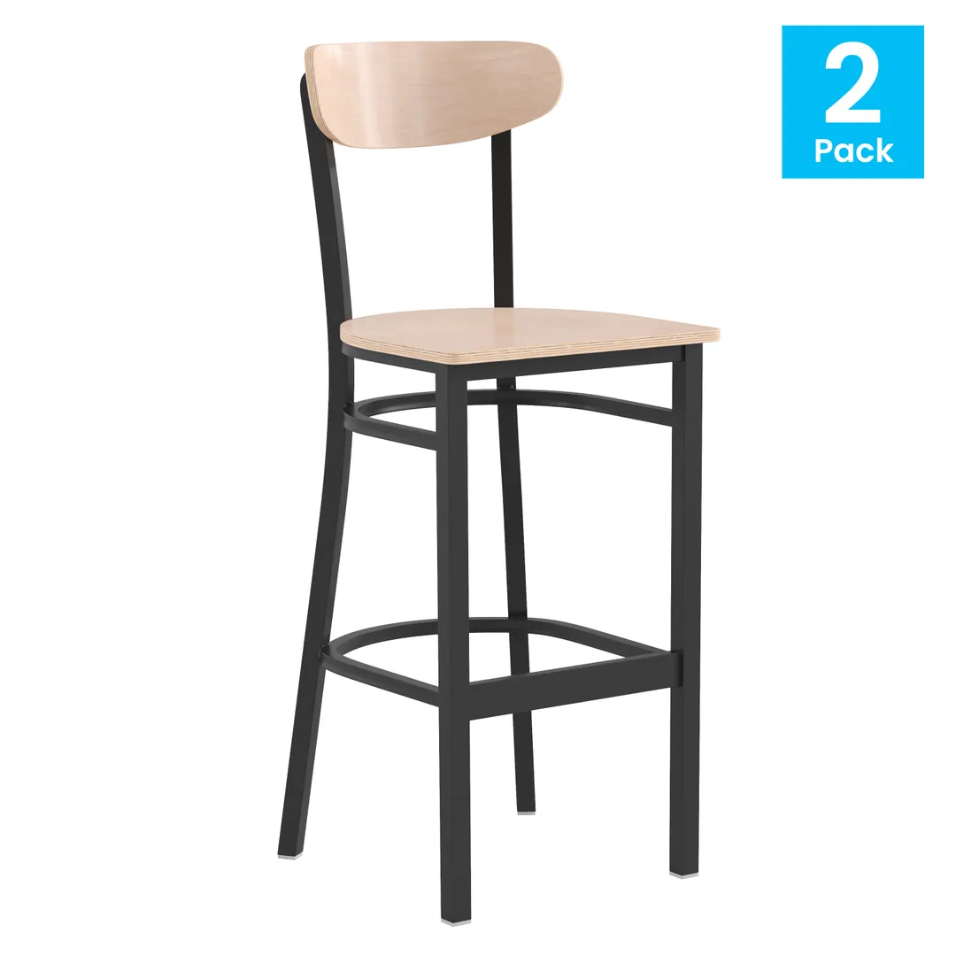 Flash Furniture 2-XU-DG6V6B-NAT-GG Wright Bar Stool, 500 lb, Birch Seat & Boomerang Wood Back Steel Frame Set 2