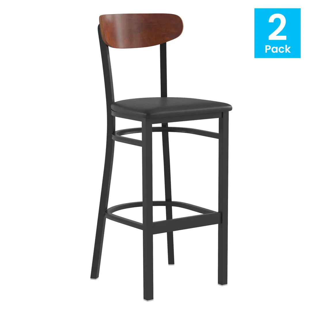 Flash Furniture 2-XU-DG6V6BV-WAL-GG Wright Bar Stools, Set 2, 500 lb, Black Vinyl Seat, Walnut, Boomerang Back