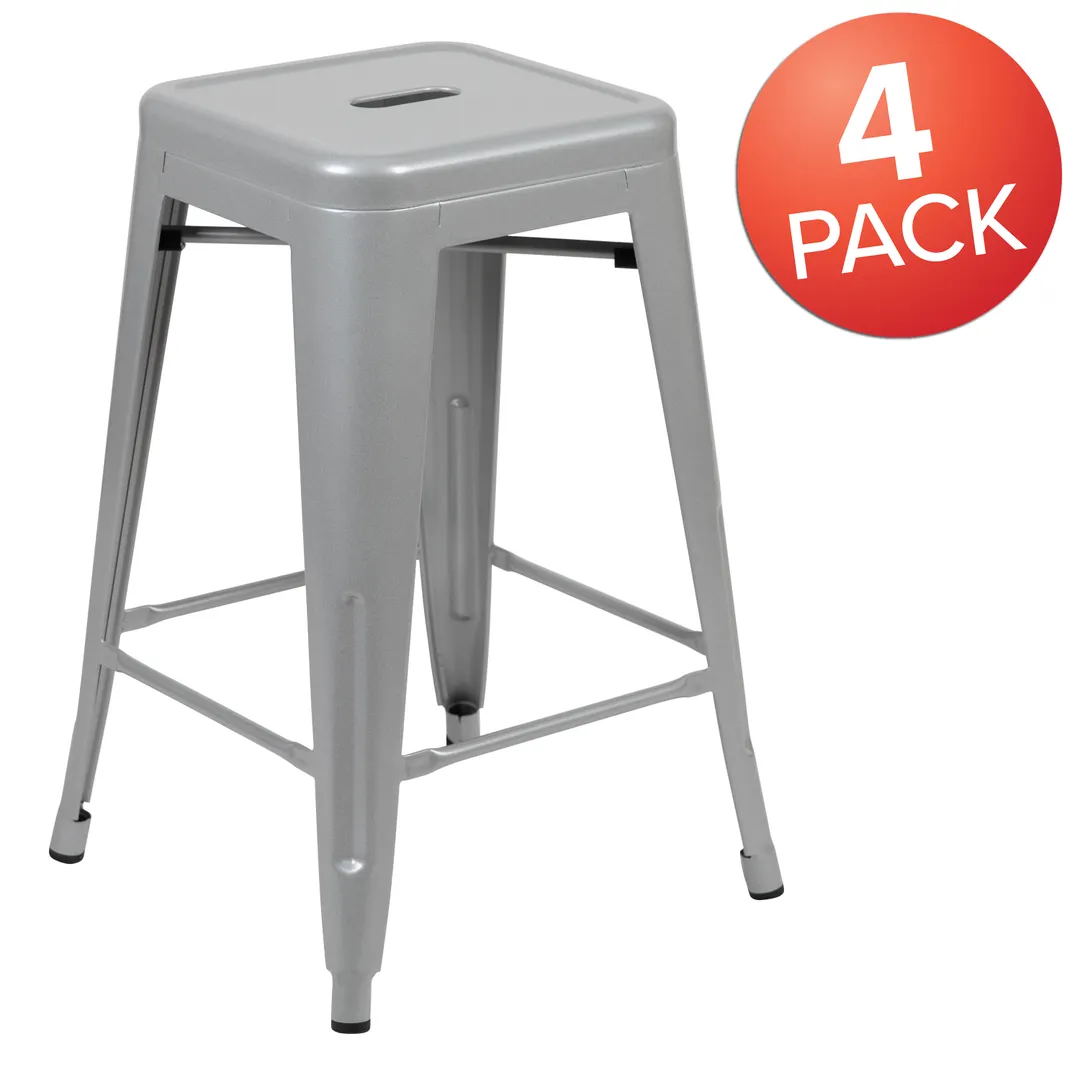 Flash Furniture 4-ET-31320-24-SV-R-GG Cierra Stacking Bar Stool, 24" Height, 440 lb., Silver, 10-Set Stackable