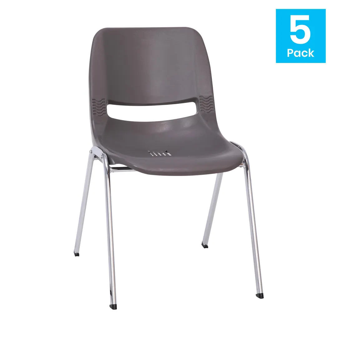 Flash Furniture 5-RUT-18-GY-CHR-GG Hercules Series Gray Stackable Outdoor Chair, 880 lb, Ergonomic Plastic Seat & Back, Chrome Frame, Set of 5