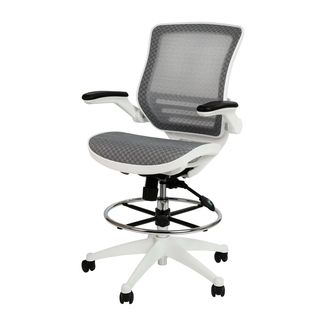 Flash Furniture BL-LB-8801X-D-GR-WH-GG Waylon Drafting Swivel Chair, 42.5-50" Adjustable Height, Mesh Back & Seat, Padded Arms