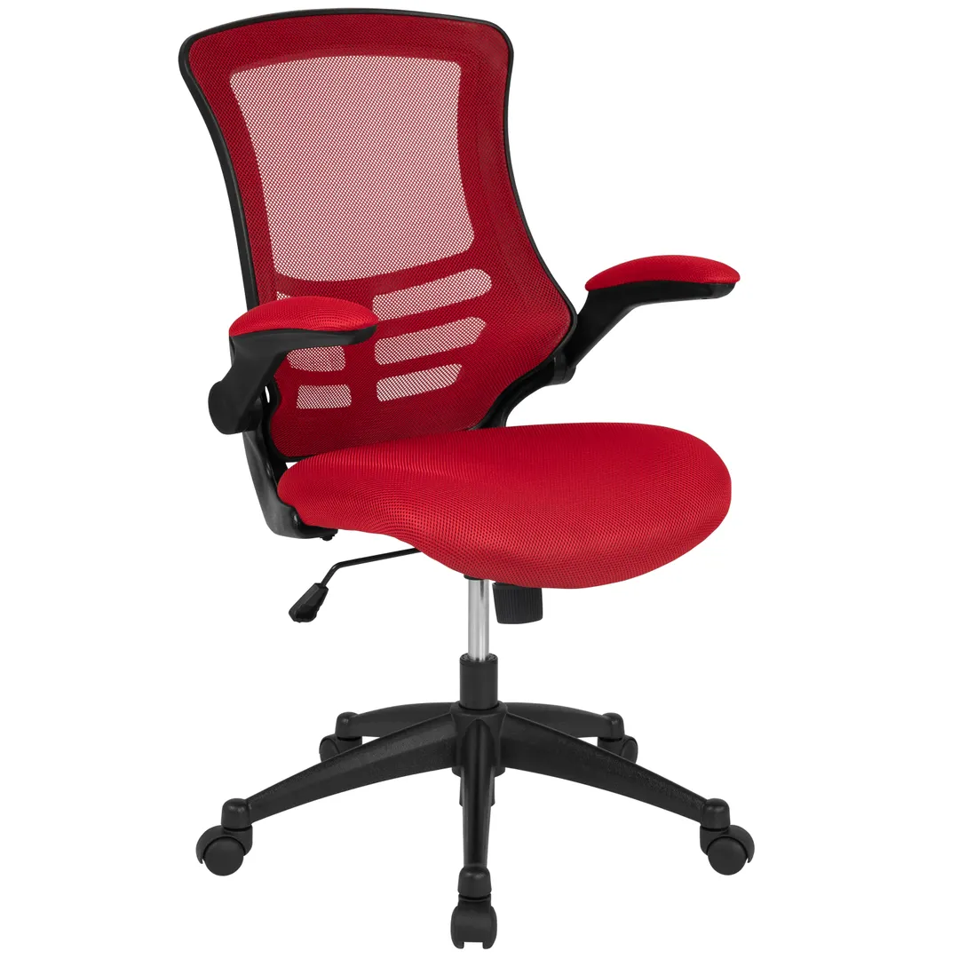 Flash Furniture BL-X-5M-RED-GG Mid-Back Swivel Task Chair, 37.5-41.25in Height, 250lb Capacity, Red Mesh Back, Padded Arms