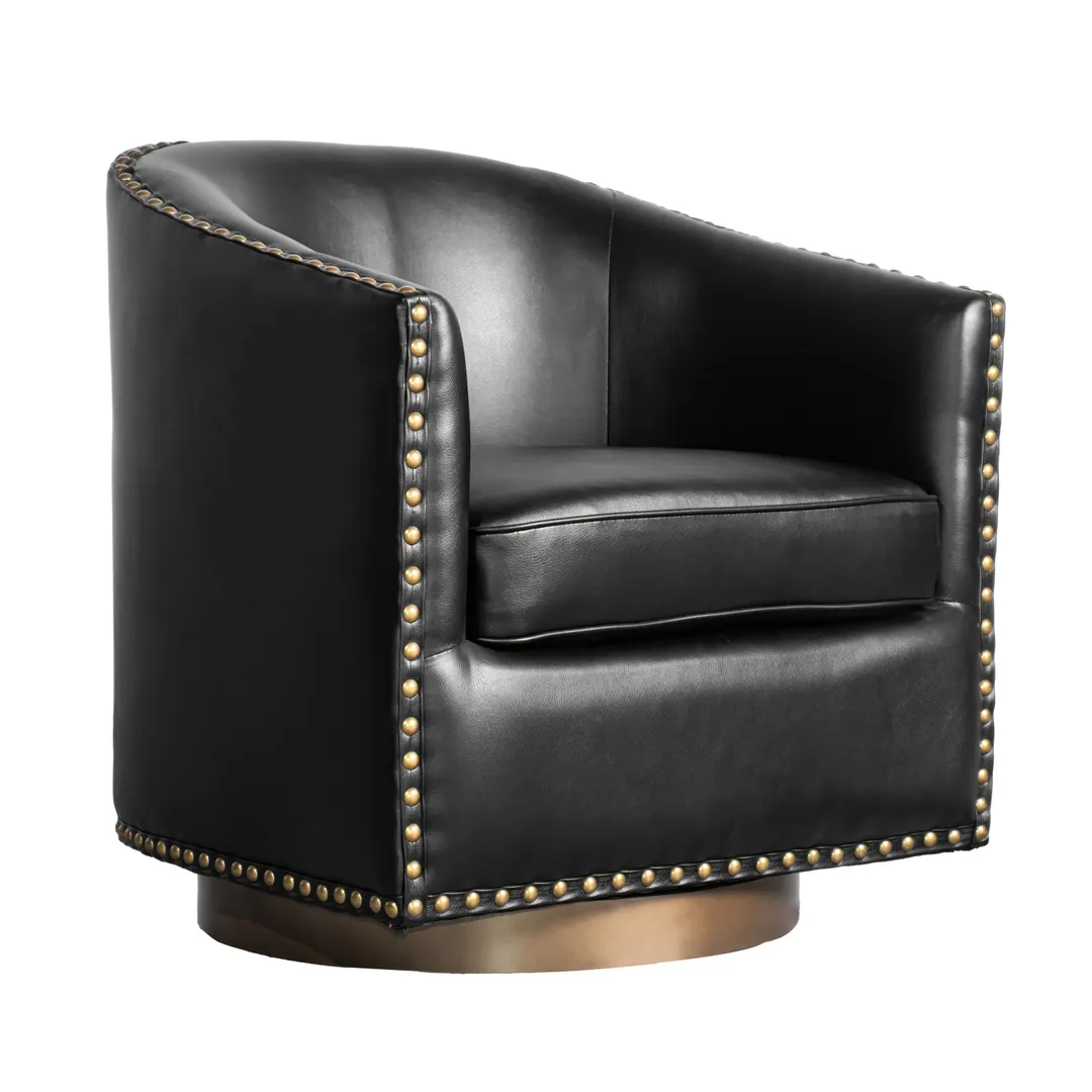 Flash Furniture BS-AC22-061-BLKPU-GG Myles Club Style 360 Degree Swivel Armchair, LeatherSoft Upholstery, Black, Brass Decorative Nail Head Trim
