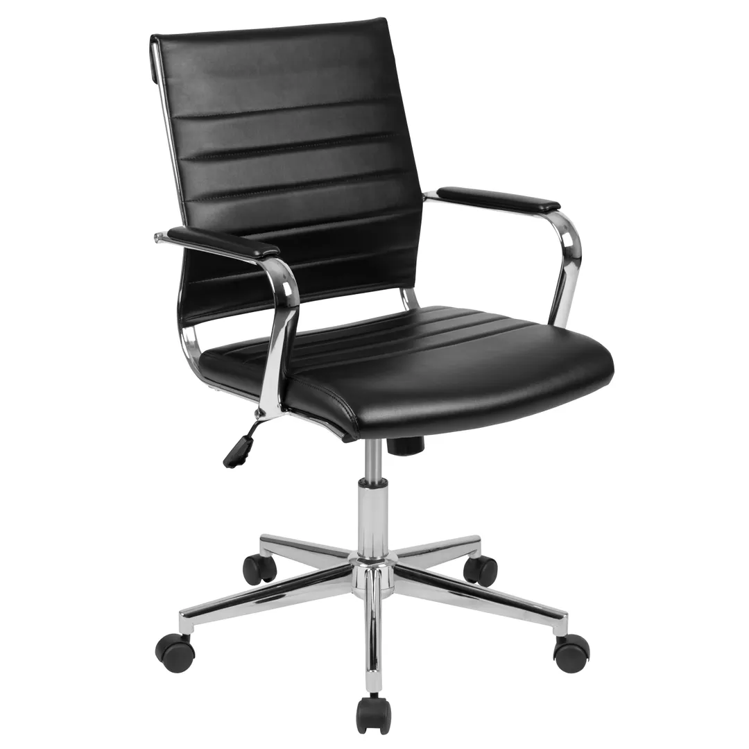 Flash Furniture BT-20595M-1-BK-GG Hansel Executive Swivel Chair, 250 lb. weight capacity, LeatherSoft upholstery, black, mid-back ribbed design, chrome base