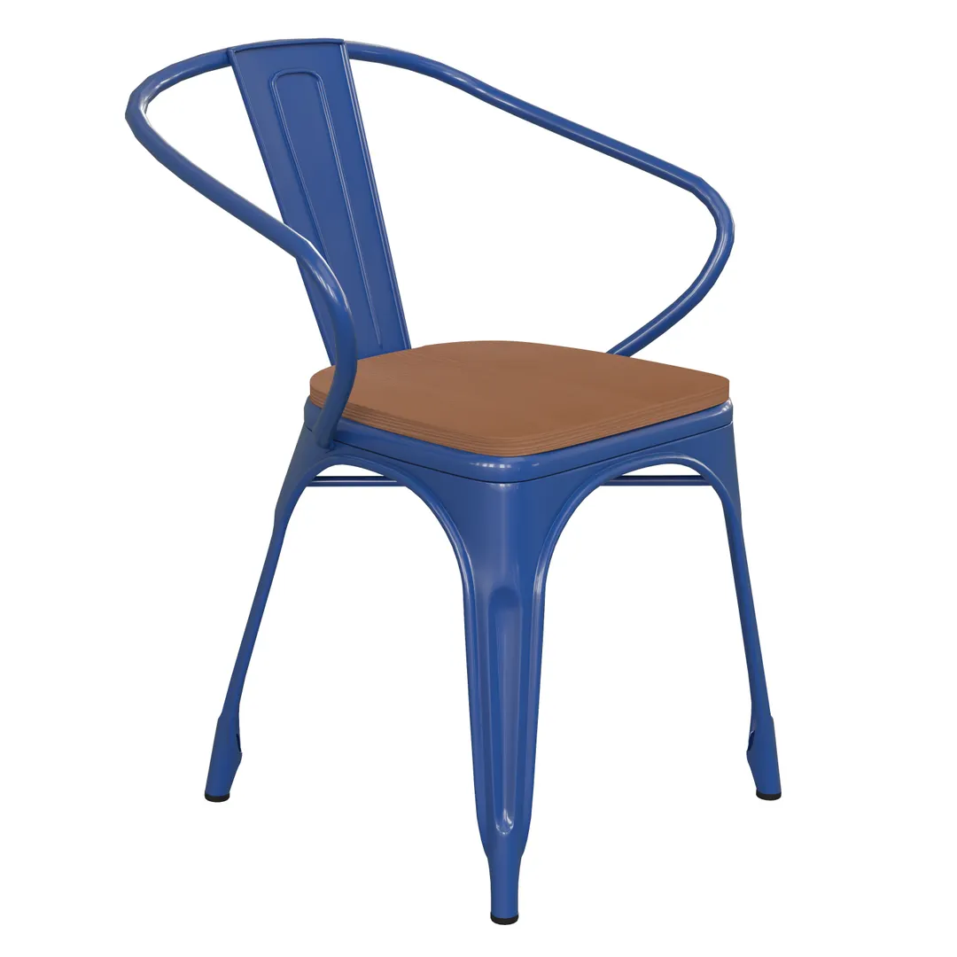 Flash Furniture CH-31270-BL-PL1T-GG Luna Blue Armchair, 500 lb. Weight Capacity, Teak Poly Resin Wood Seat, Galvanized Steel Frame