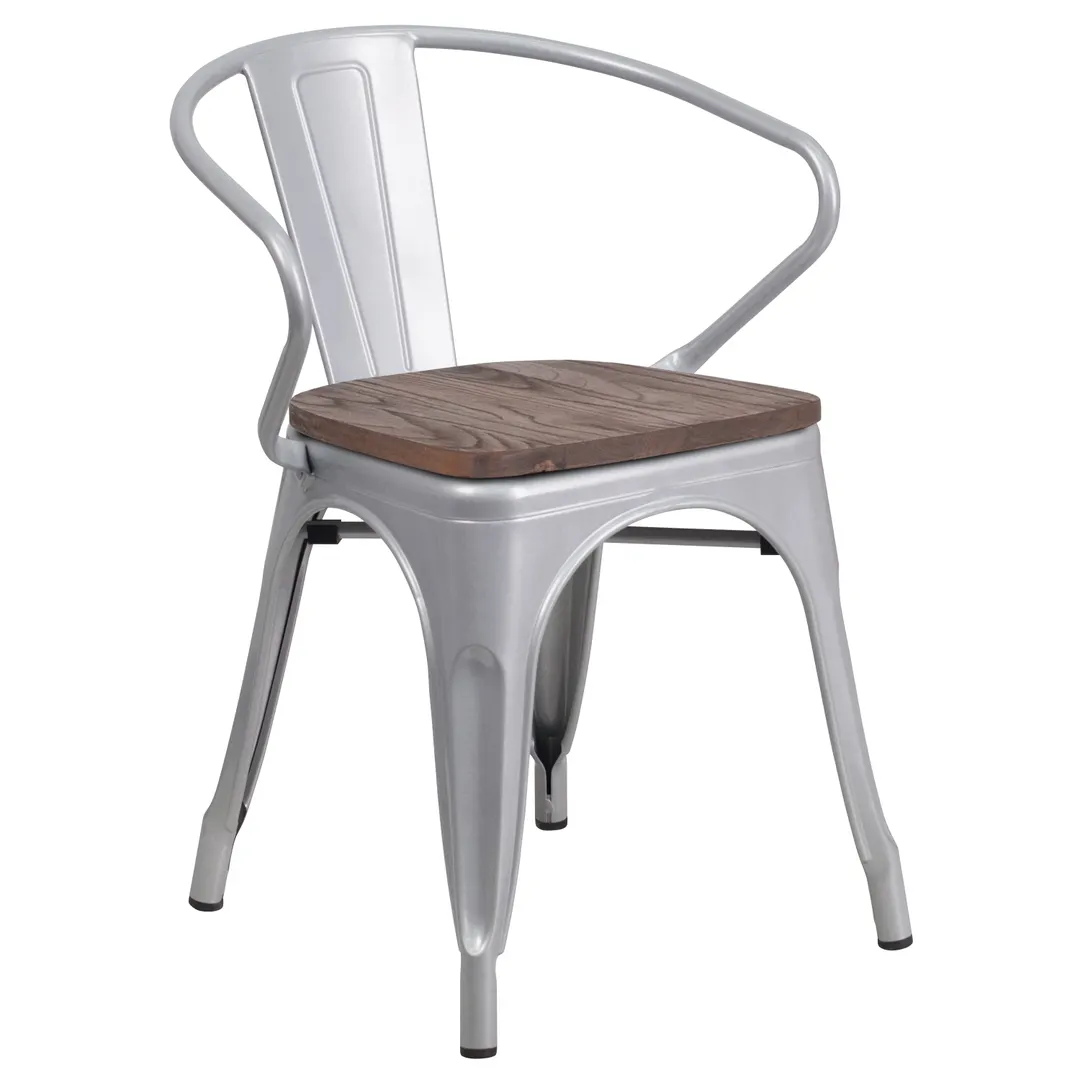 Flash Furniture CH-31270-SIL-WD-GG Silver Armchair, 500 lb. Weight Capacity, Metal Frame, Wood Seat, Stackable