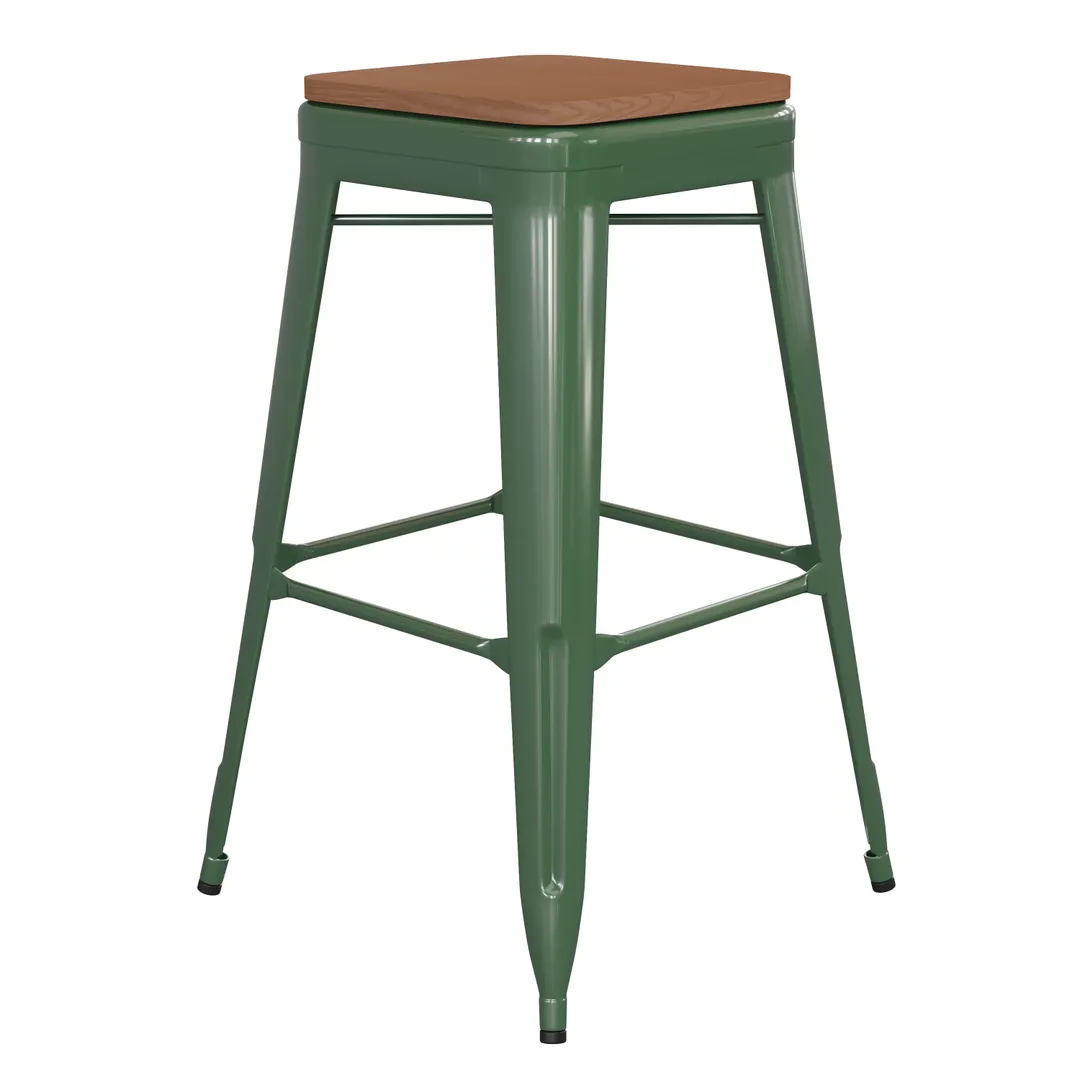 Flash Furniture CH-31320-30-GN-PL2T-GG Kai Bar Stool, 500 lb., Green, Teak Poly Resin Seat, Stacking, 4-High