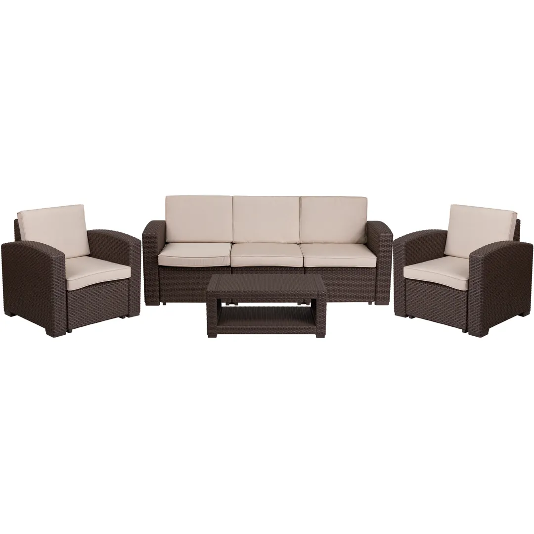 Flash Furniture DAD-SF-113R-CBN-GG 4-Piece Patio Set, Faux Rattan, Chocolate Brown, All-Weather Resin Frame