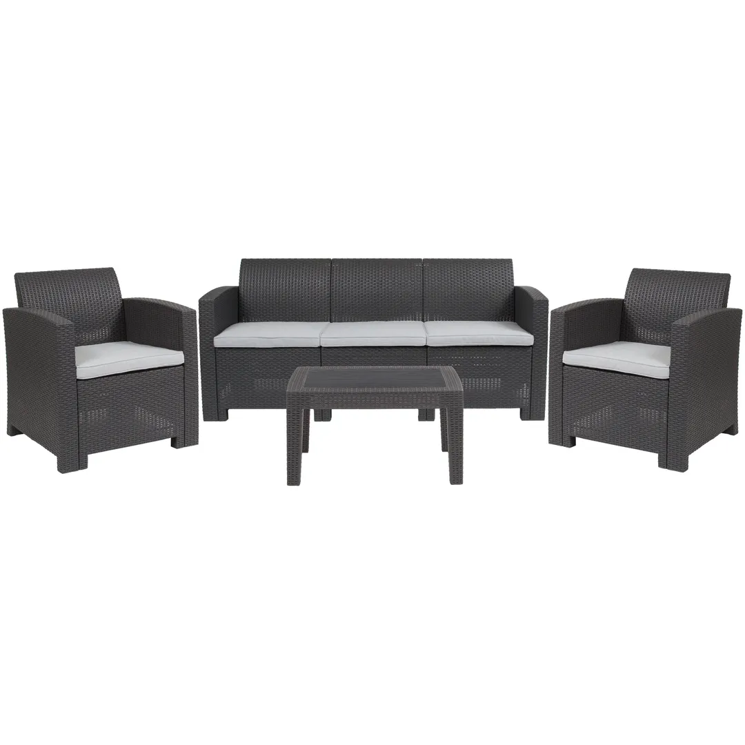 Flash Furniture DAD-SF-113T-DKGY-GG 4-Piece Outdoor Patio Set, Dark Gray Faux Rattan, Resin Frame, 67-1/2"W Sofa, Assembly Required
