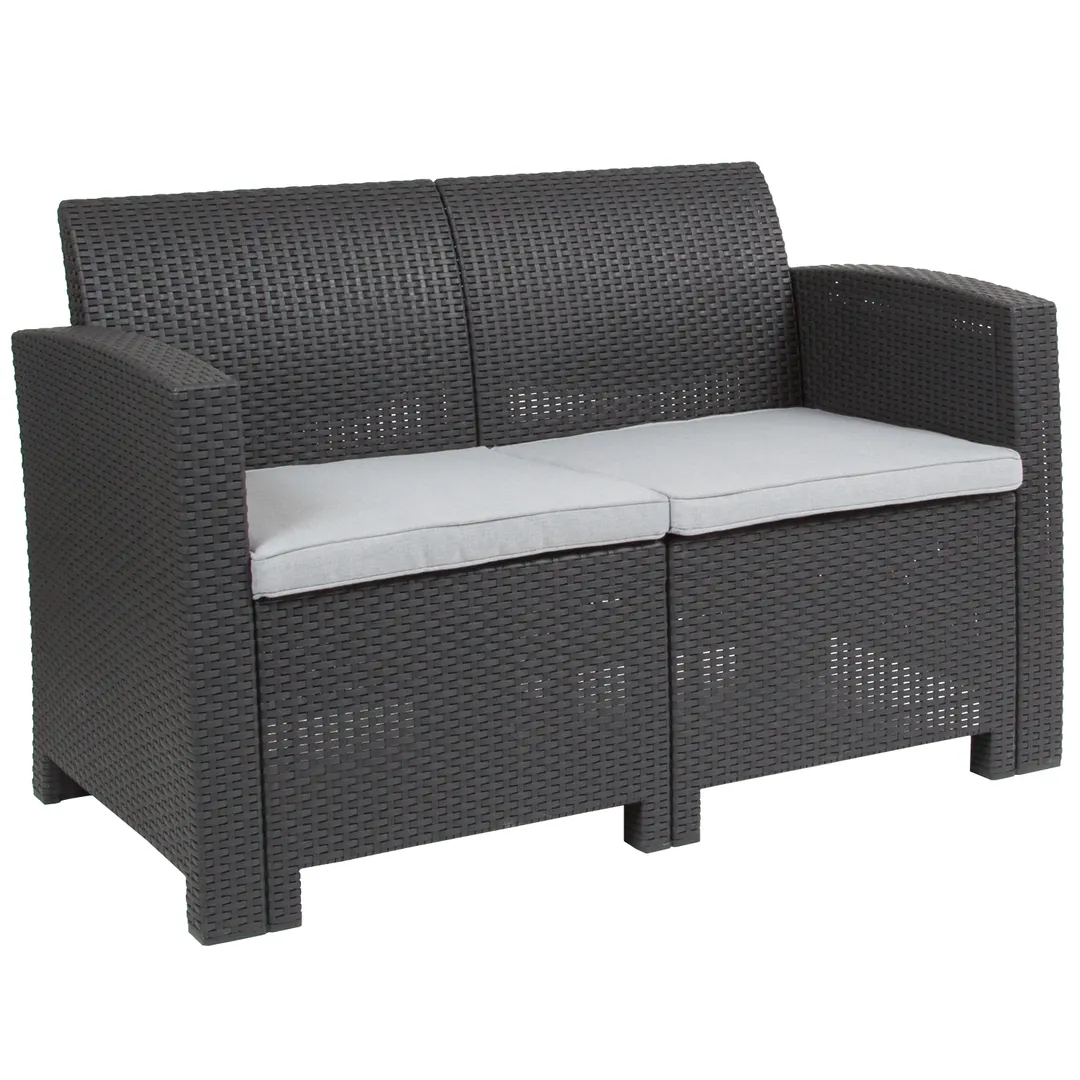 Flash Furniture DAD-SF2-2-DKGY-GG Outdoor Loveseat Sofa, 47"W x 27"D x 30"H, Dark Gray Faux Rattan, Gray Cushions