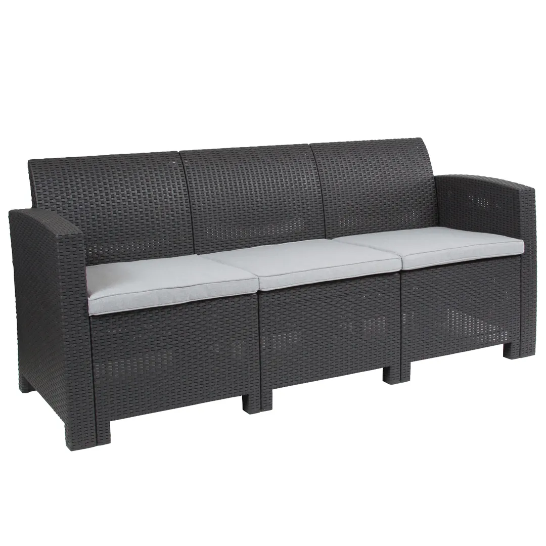 Flash Furniture DAD-SF2-3-DKGY-GG Outdoor Sofa, 67.5W x 27D x 30H, Dark Gray Faux Rattan, Gray Cushions