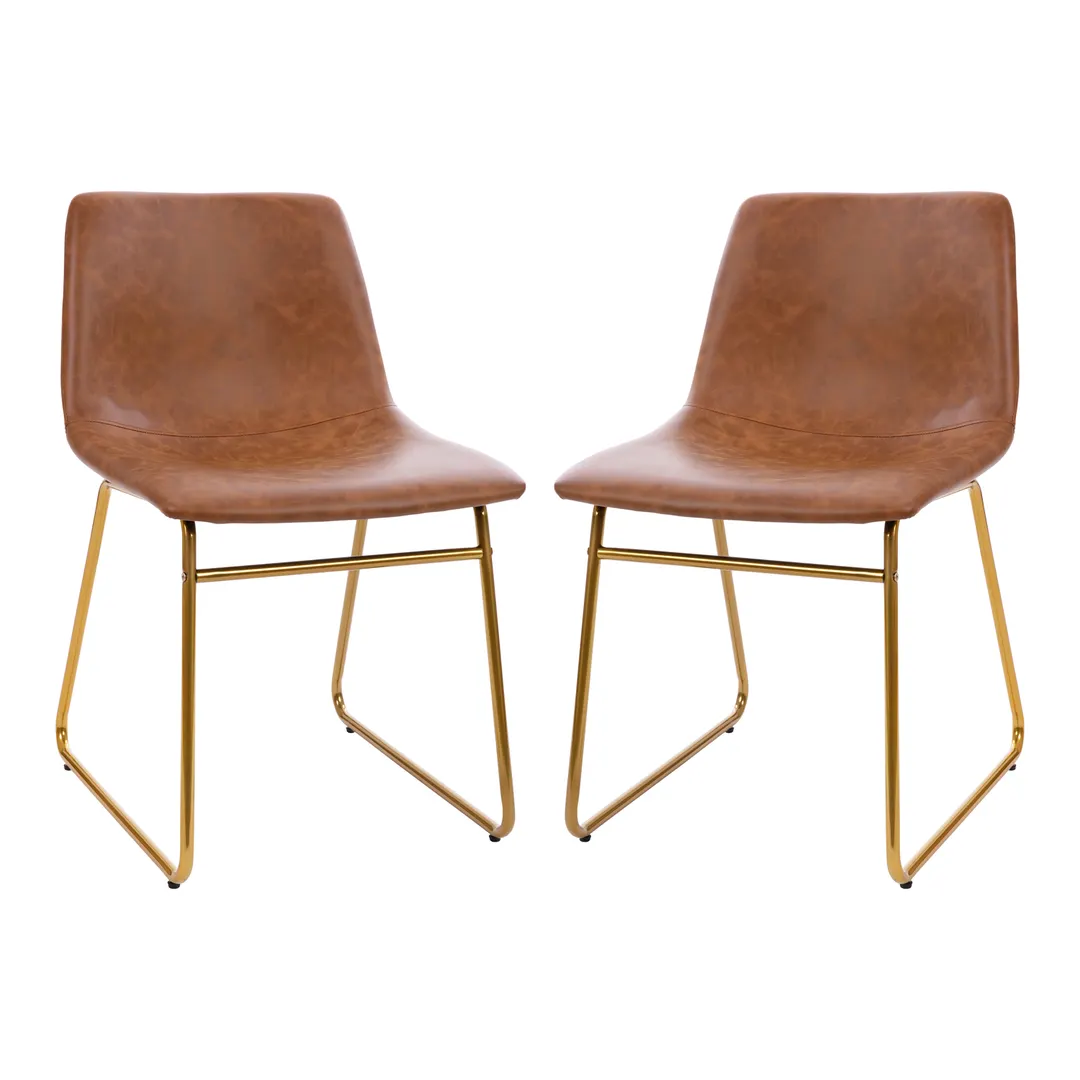 Flash Furniture ET-ER18345-18-LB-GG Mid-Back Dining Chair, 250 lb, LeatherSoft, Light Brown, Gold Frame, Set of 2