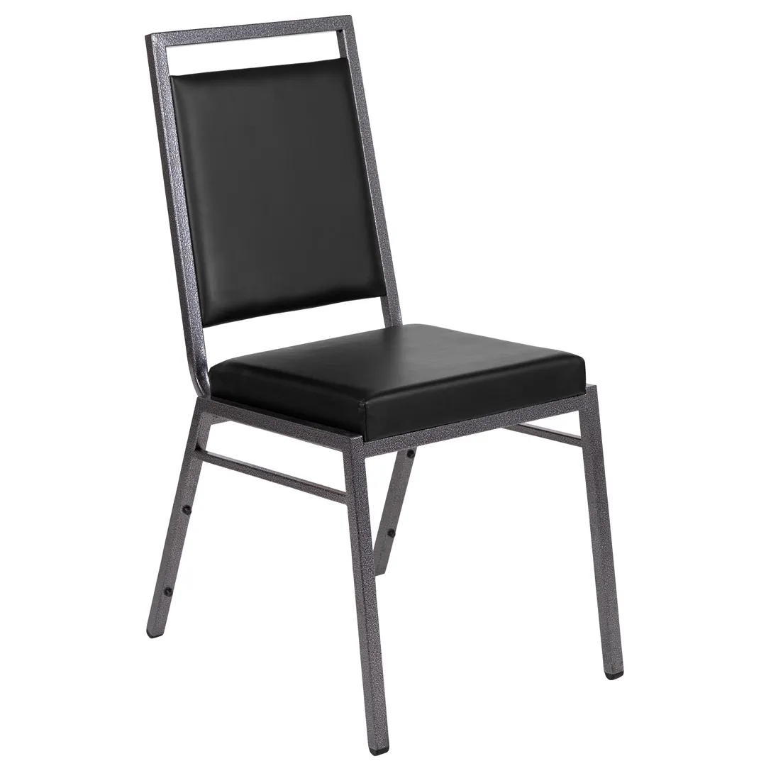 Flash Furniture FD-LUX-SIL-BK-V-GG Hercules Series Stacking Chair, 600 lb. Capacity, Black Vinyl Upholstered Back and Seat, Silver Vein Metal Frame