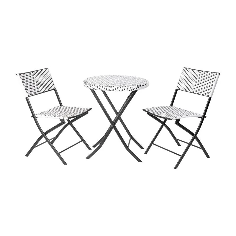 Flash Furniture FV-FWA085-BLK-WHT-GG Rouen 3-Piece Round Commercial Grade Foldable French Bistro Set with PE Rattan and Black Steel Frames