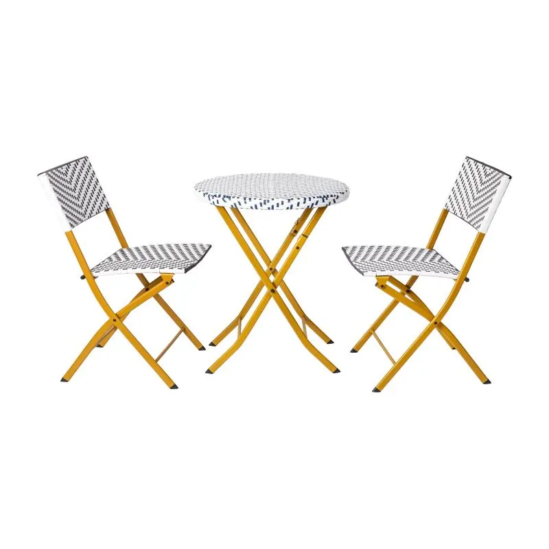 Flash Furniture FV-FWA085-NVY-WHT-GG Rouen 3-Piece Commercial Grade Foldable French Bistro Set, Round Table, Navy/White PE Rattan, 2 Chairs
