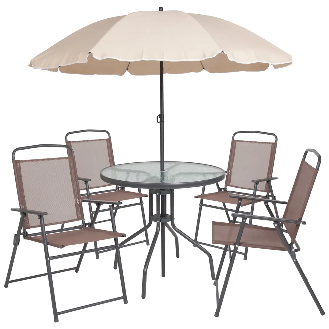 Flash Furniture GM-202012-BRN-GG Nantucket 31 Round Patio Table Set, 28 Height, 4 Textilene Chairs, Brown