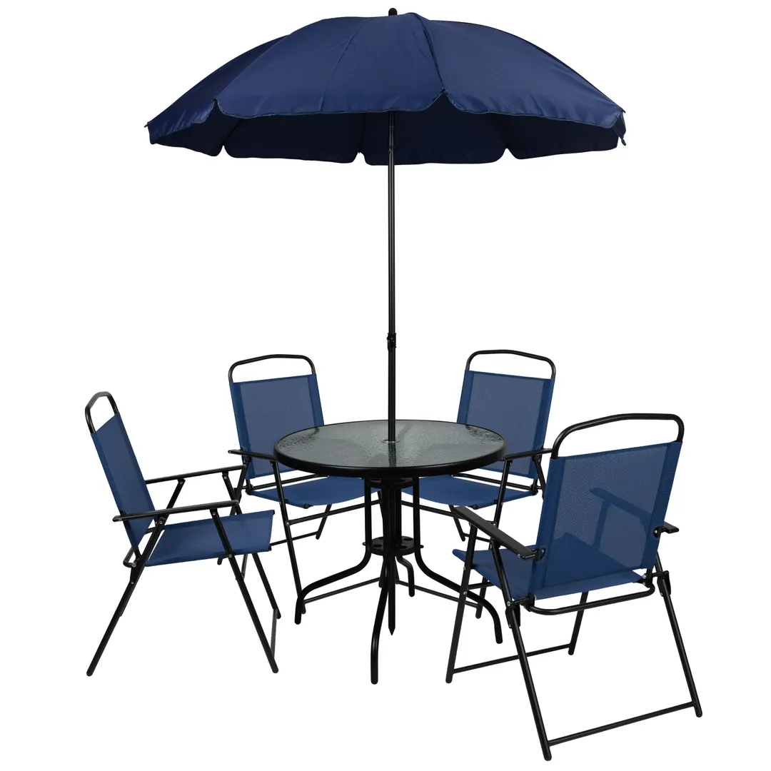 Flash Furniture GM-202012-NV-GG Nantucket 31 Round Patio Table Set, 28H, Navy Blue, 4 Folding Arm Chairs, Textilene, Glass Top