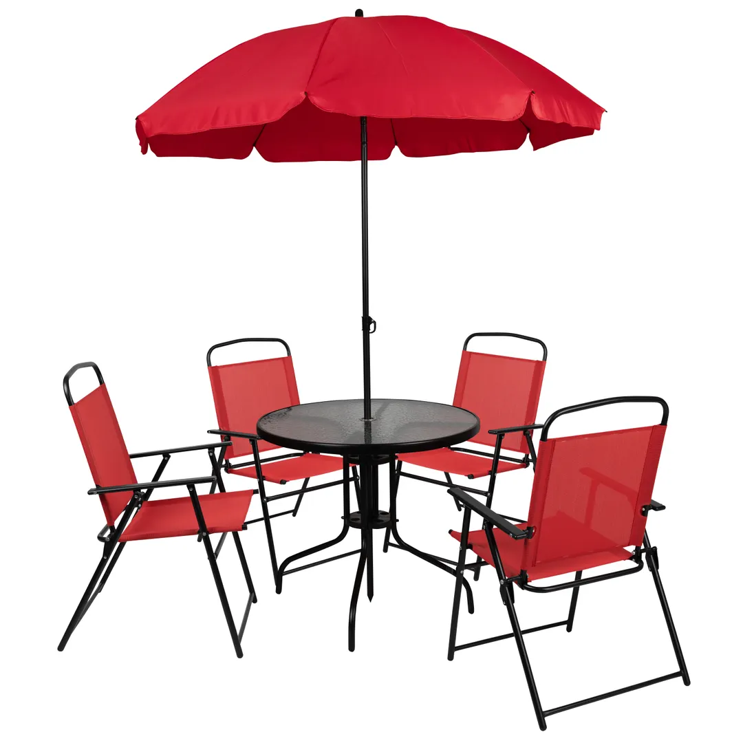 Flash Furniture GM-202012-RD-GG Nantucket 31in Round Patio Table Set, Red, 28H, 4 Folding Textilene Chairs