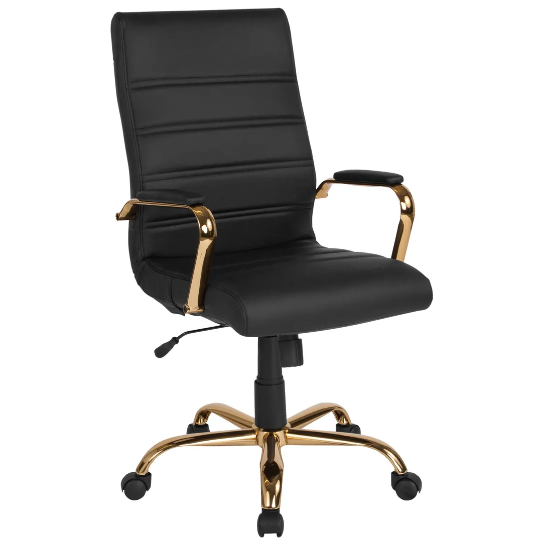 Flash Furniture GO-2286H-BK-GLD-GG Whiteney Executive Swivel Office Chair, 39-1/4 to 43in Height, 250 lb, LeatherSoft, Black, Gold Base, Padded Arms