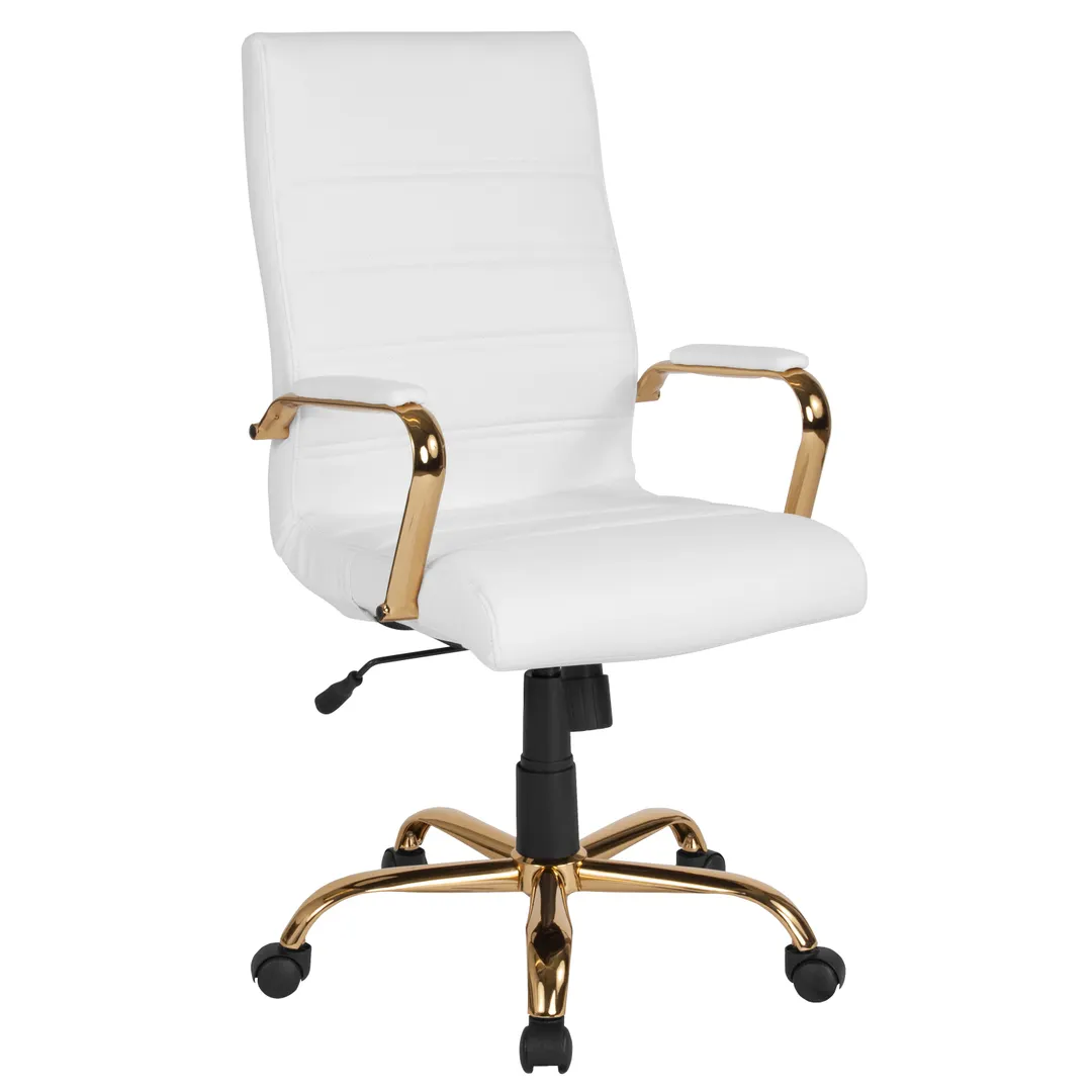 Flash Furniture GO-2286H-WH-GLD-GG Whiteney Executive Office Chair, 39-1/4 to 43in Height, 250 lb Capacity, LeatherSoft Upholstery, Gold Base