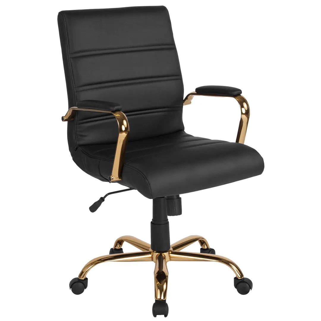 Flash Furniture GO-2286M-BK-GLD-GG Whitney Executive Office Chair, 37-40.75" Height, 250 lb, LeatherSoft, Black, Gold Base