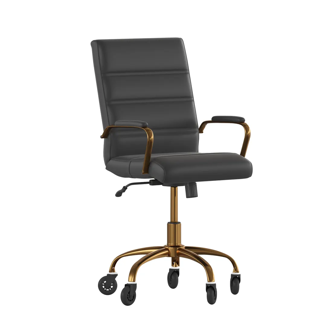 Flash Furniture GO-2286M-BK-GLD-RLB-GG Camilia Executive Swivel Office Chair, 37-40.75" Height, 250 lb, LeatherSoft, Black, Gold Base