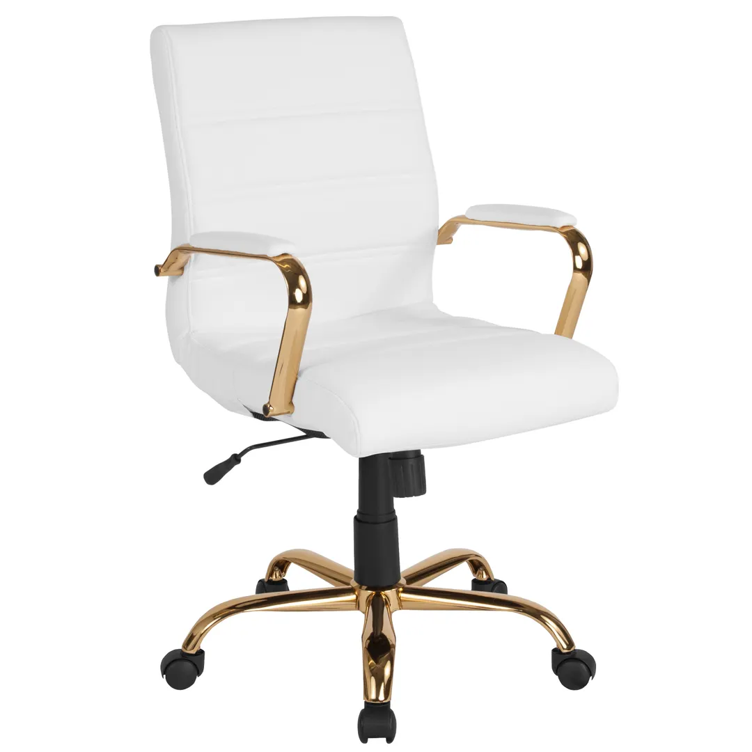Flash Furniture GO-2286M-WH-GLD-GG Whitney Executive Office Chair, 37-40.75" Height, 250 lb, LeatherSoft, White, Gold Base