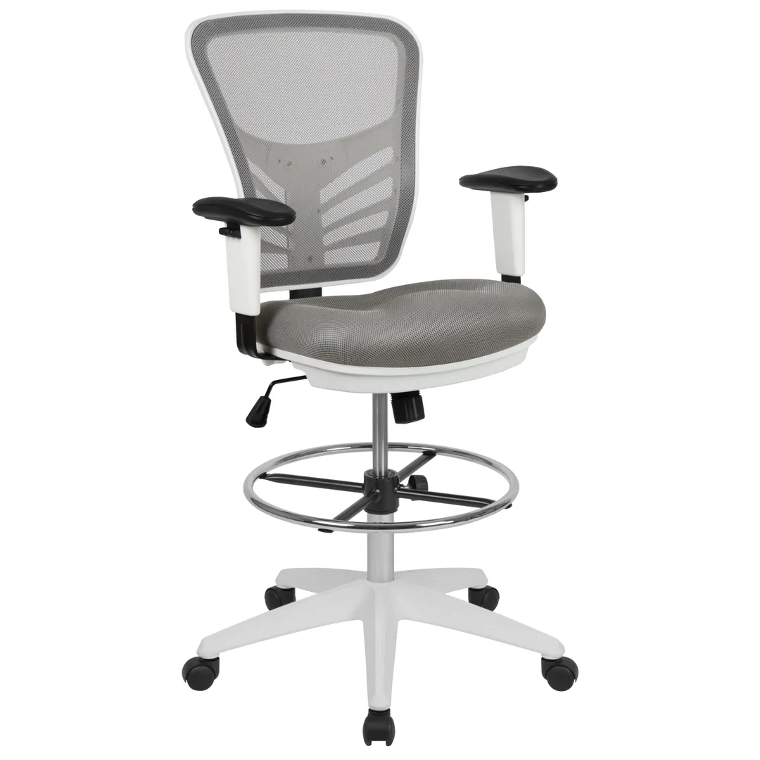 Flash Furniture HL-0001-1CWHITE-LTGY-GG Tyler Drafting Chair, 23.5-31.5" Adjustable Seat Height, 250 lb Capacity, White Frame, Light Gray Mesh