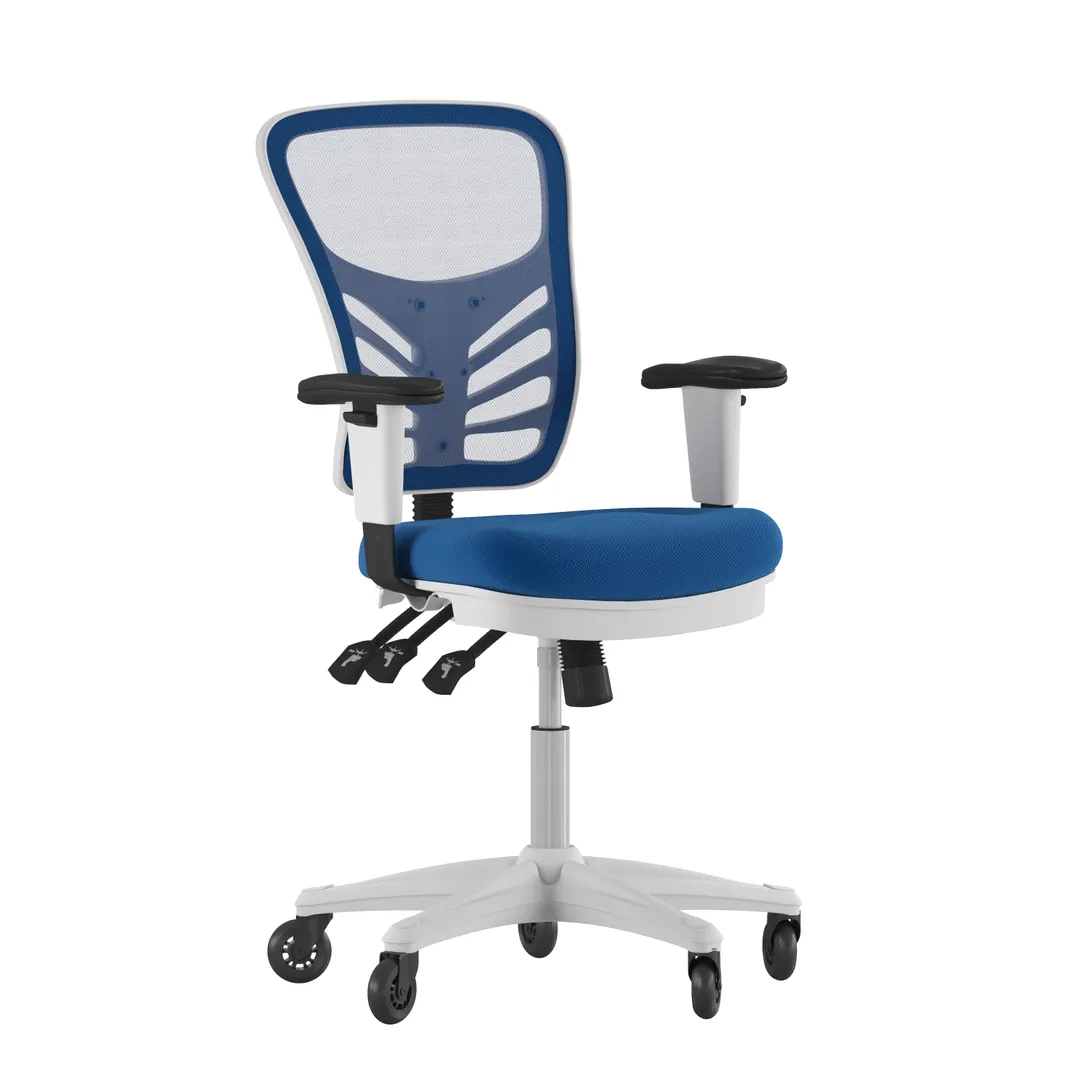 Flash Furniture HL-0001-WH-BLUE-RLB-GG Nicholas Swivel Task Chair, 37-44.25in Height, 300 lb Capacity, Mesh Back, Padded Arms