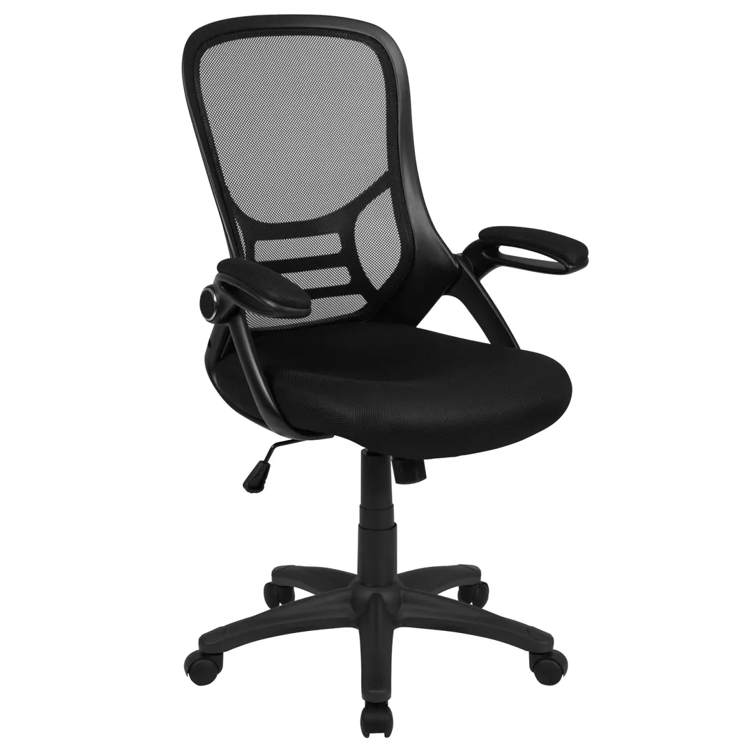 Flash Furniture HL-0016-1-BK-BK-GG Porter Swivel Office Chair, 40-1/4" to 44" Adjustable Height, 250 lb. Capacity, Mesh Back, Padded Arms