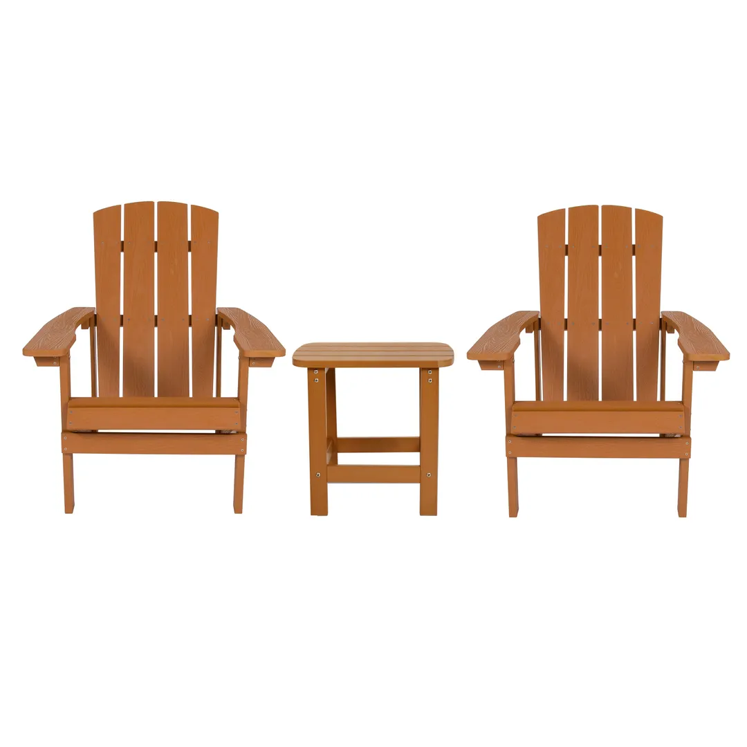 Flash Furniture JJ-C14501-2-T14001-TEAK-GG Adirondack Chair Set, 2 Chairs, 1 Square Side Table, Teak Finish, Polystyrene Frame