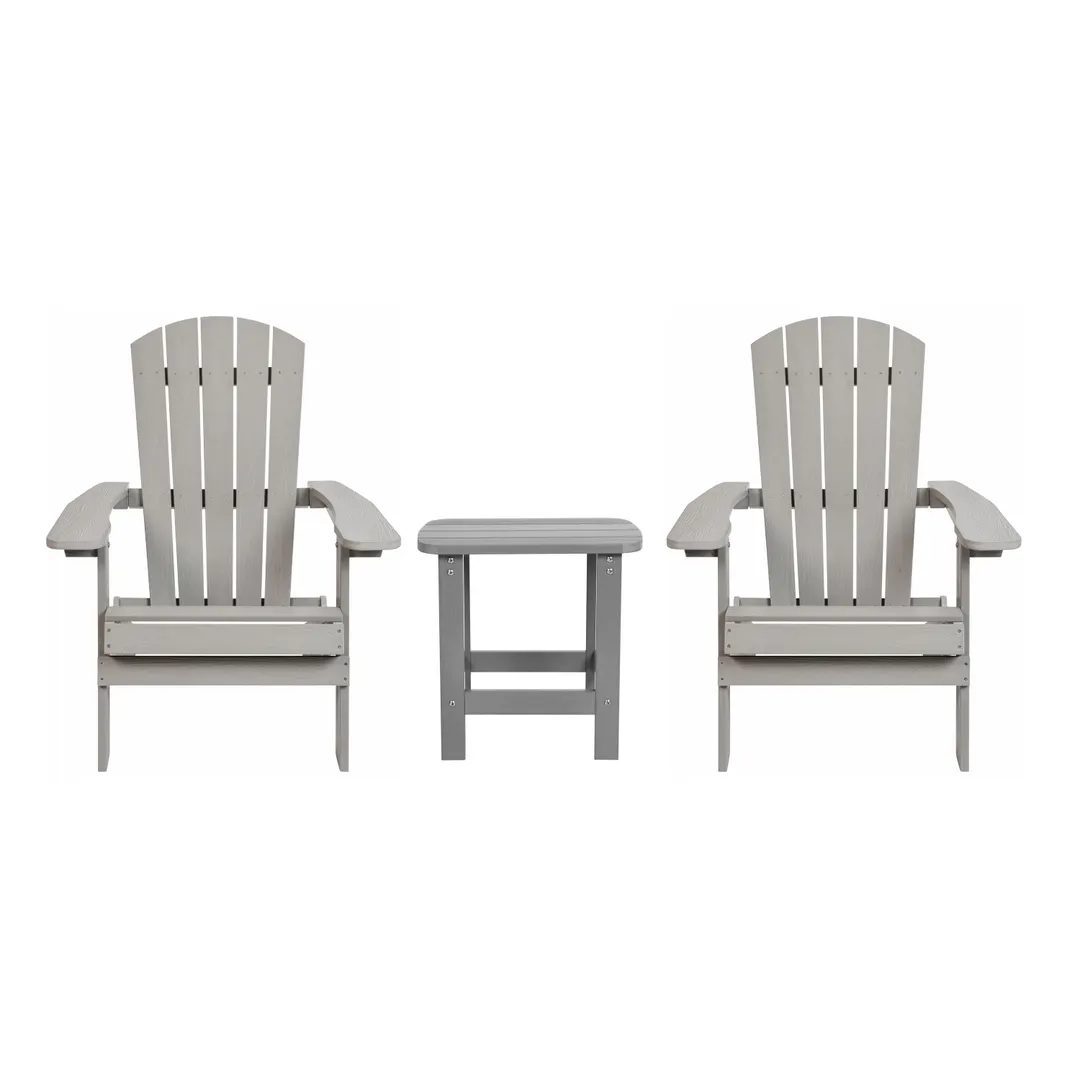 Flash Furniture JJ-C14505-2-T14001-GY-GG Folding Adirondack Chair Set, 2 Chairs, 1 Side Table, Poly Resin, Gray