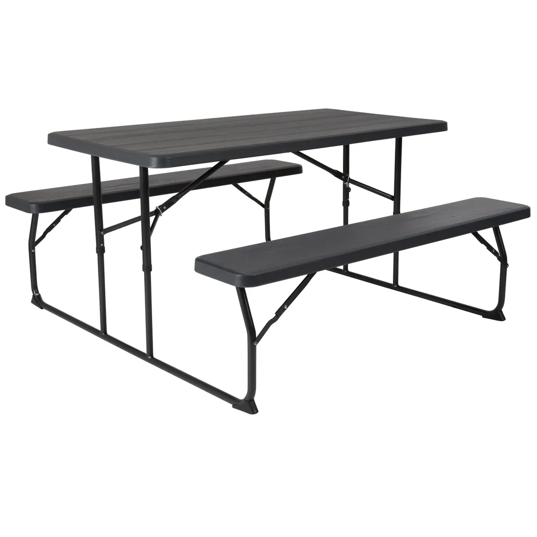 Flash Furniture RB-EBB-1470FD-GG Insta-Fold Rectangular Picnic Table & Benches, 53.75x58.25, 661 lbs, Black Wood Grain Plastic Top, Steel Frame