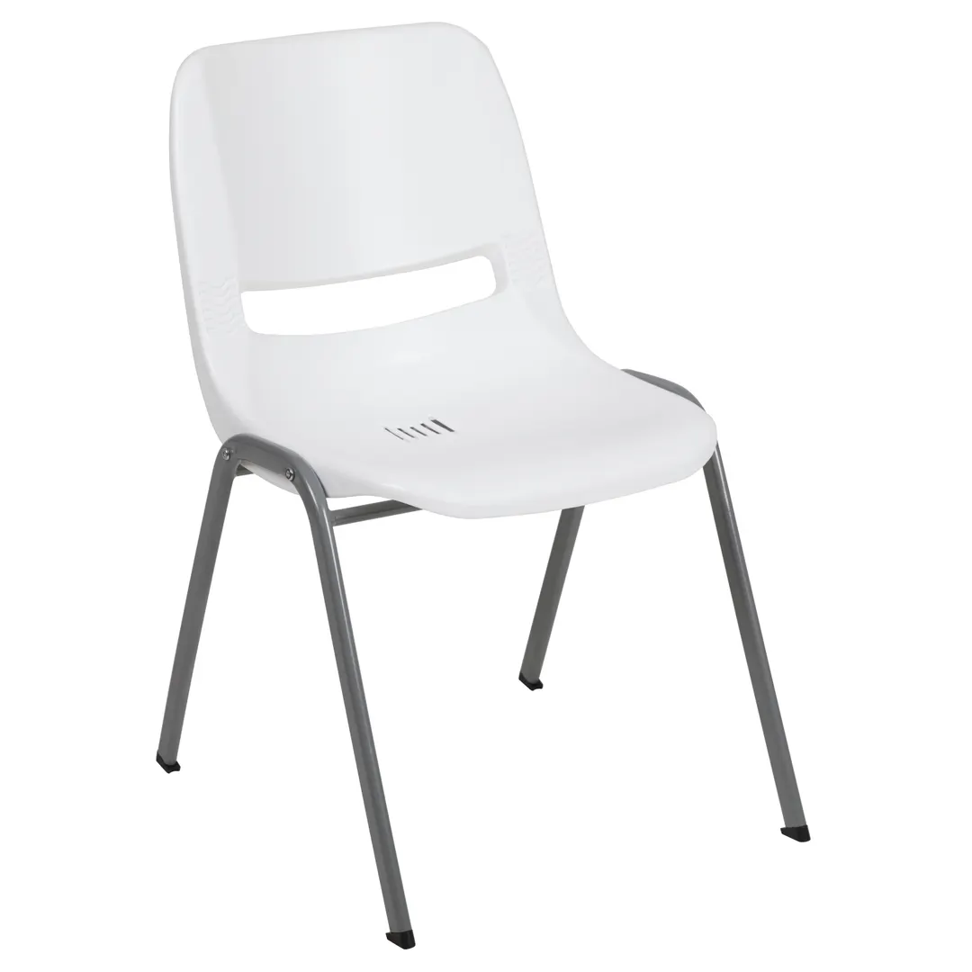 Flash Furniture RUT-EO1-WH-GG Hercules Series Ergonomic Shell Stacking Chair, 880 lb, White Plastic Seat & Back, Gray Metal Frame