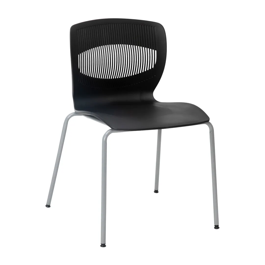 Flash Furniture RUT-NC618-BK-GG HERCULES Series 770 lb. Ergonomic Stack Chair with Lumbar Support, Black, Silver Steel Frame