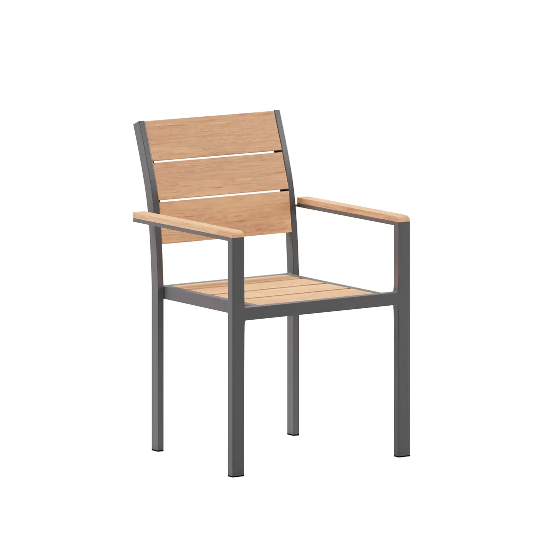 Flash Furniture SB-CA108-WA-NAT-GG Finch Patio Chair, 300 lbs, Stackable, Faux Teak Poly Slats, Metal Frame, Gray