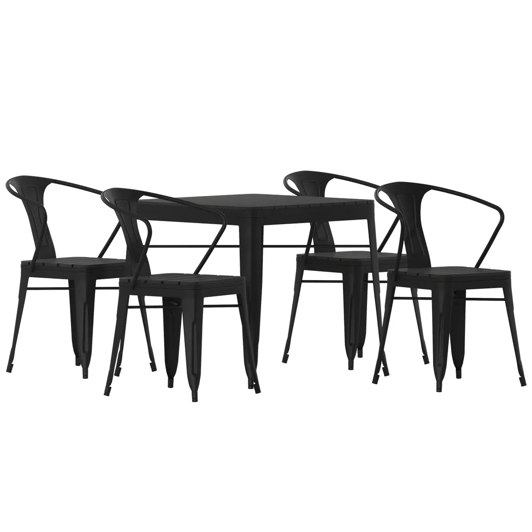 Flash Furniture SB-T11C4-T-BK-GG 5 Piece Helvey Commercial Indoor-Outdoor Table Set, 31.5" Square Poly Resin Top, 4 Black Metal Chairs
