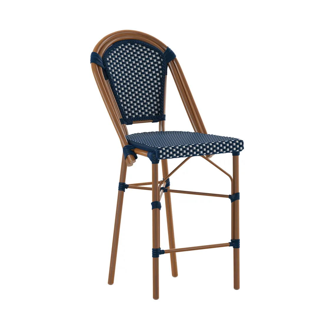Flash Furniture SDA-AD642001-CS-NVYWH-NAT-GG Bordeaux Stacking French Bistro Stool, 26" Counter Height, 600 lb. Capacity, Navy & White Rattan, Natural Finish Bamboo Print Aluminum