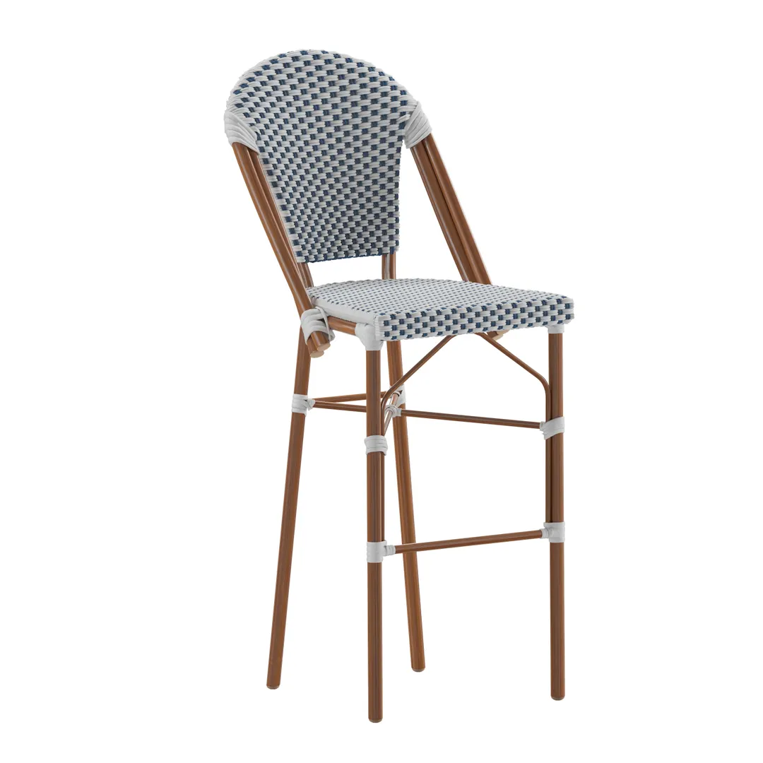 Flash Furniture SDA-AD642001-F-BS-WHNVY-NAT-GG Lourdes Stacking French Bistro Stool, 30" Bar Height, 600 lb. Capacity, White/Navy Polyethylene Rattan, Natural Bamboo Print Aluminum