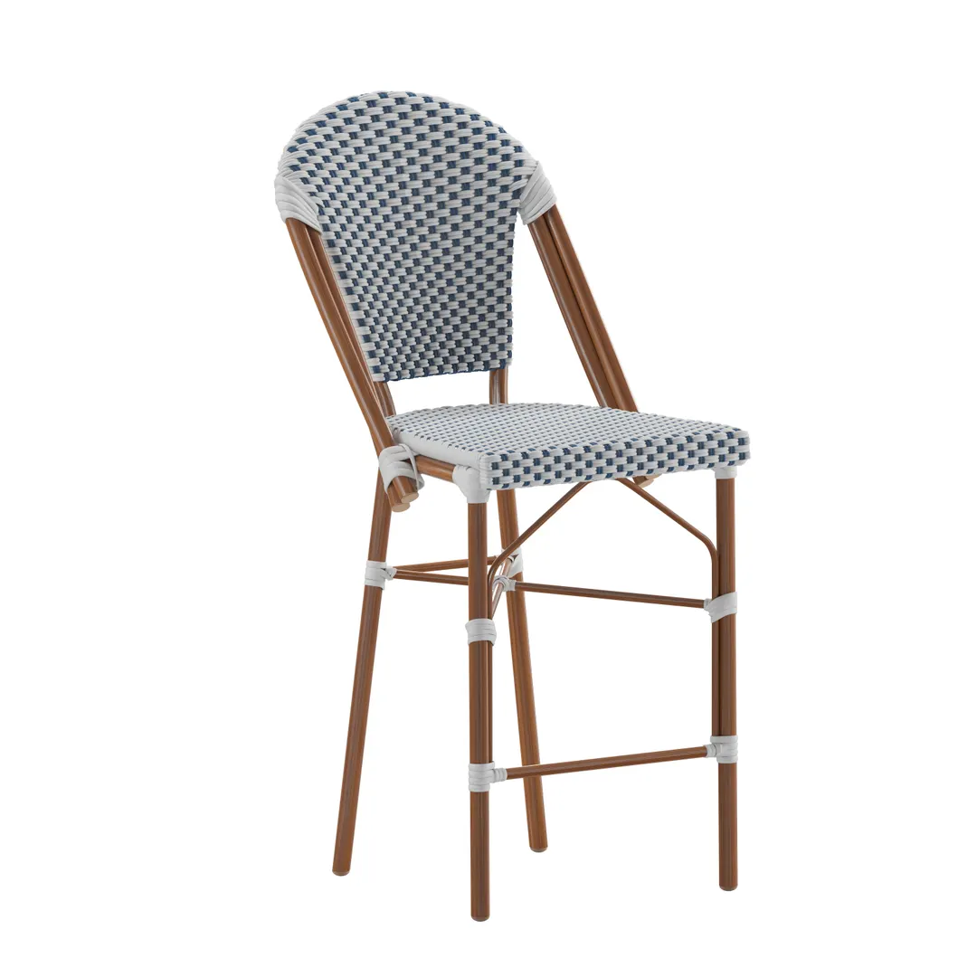Flash Furniture SDA-AD642001-F-CS-WHNVY-NAT-GG Lourdes Stacking French Bistro Stool, 26" Counter Height, 600 lb. Capacity, White/Navy Polyethylene Rattan, Natural Finish Bamboo Print Aluminum