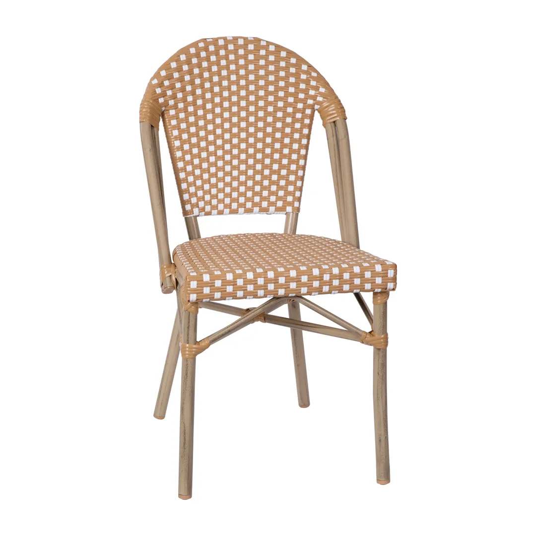 Flash Furniture SDA-AD642001-F-NATWH-LTNAT-GG Lourdes Stacking French Bistro Chair, 400 lb. Weight Capacity, Natural/White Poly Rattan, Bamboo Print Aluminum Frame