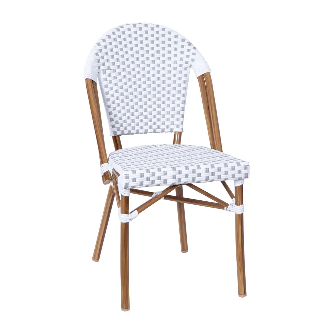 Flash Furniture SDA-AD642001-F-WHGY-NAT-GG Lourdes Stacking French Bistro Chair, 400 lb. Capacity, White/Gray Poly Rattan, Natural Finish Aluminum Frame