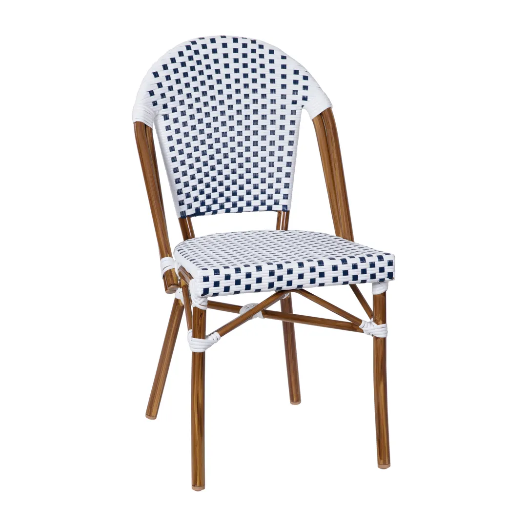 Flash Furniture SDA-AD642001-F-WHNVY-NAT-GG Lourdes Stacking French Bistro Chair, 400 lb. Weight Capacity, White/Navy Poly Rattan, Natural Finish Aluminum Frame