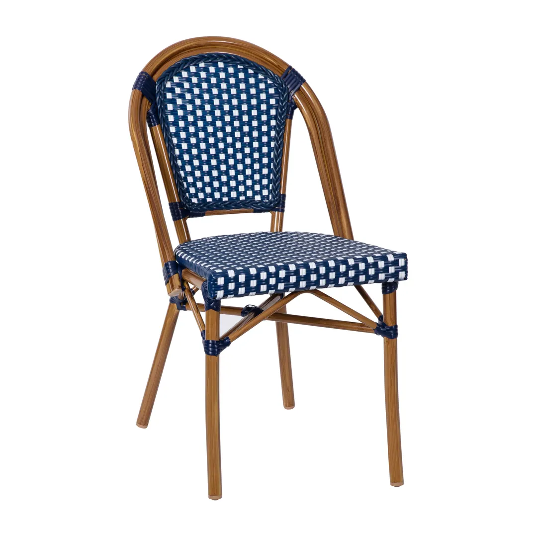 Flash Furniture SDA-AD642001-NVYWH-NAT-GG Bordeaux Stacking French Bistro Chair, 400 lb, Navy/White Poly Rattan, Natural Bamboo Aluminum