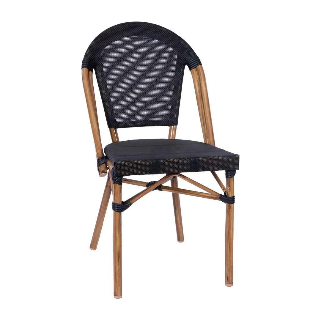 Flash Furniture SDA-AD642107-BK-NAT-GG Marseille Stacking French Bistro Chair, 400 lb, Black Textilene, Natural Bamboo Print Aluminum