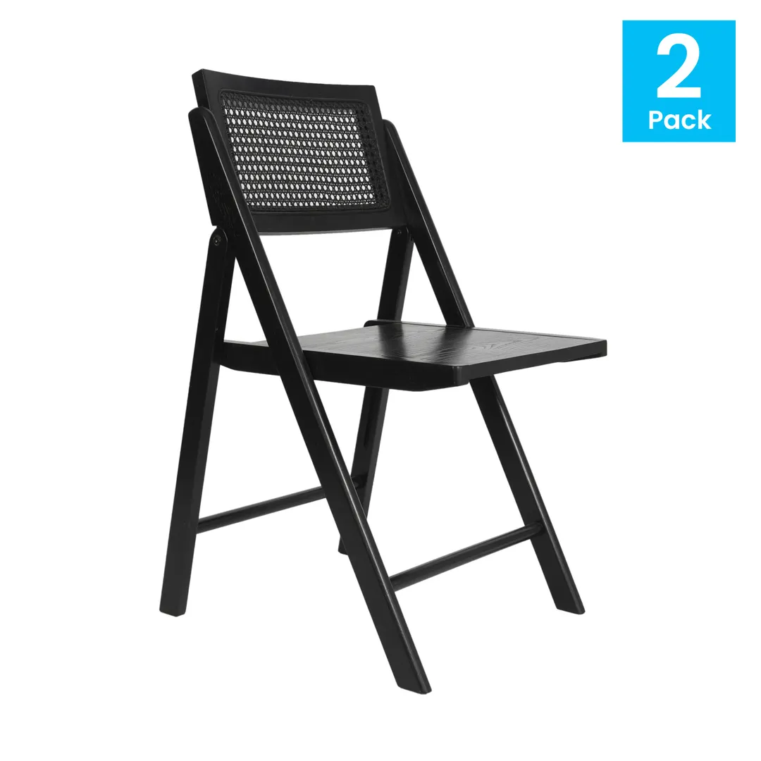 Flash Furniture SK-220905-BLK-GG Galene Folding Chair, Cane Rattan Back, Solid Wood Frame & Seat, Black