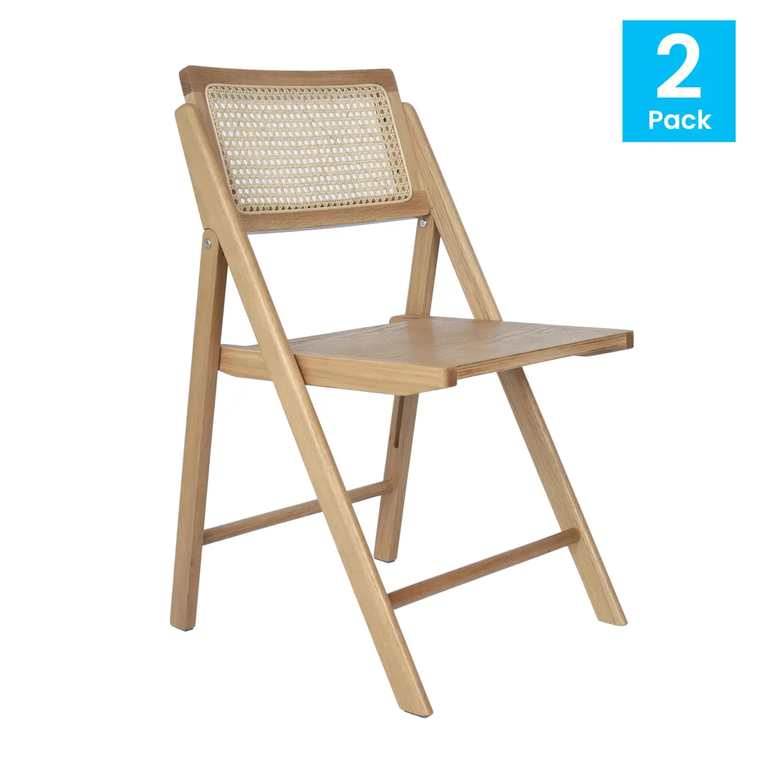 Flash Furniture SK-220905-NAT-GG Galene Folding Chair, Cane Rattan Back, Solid Wood Frame & Seat, Natural Finish
