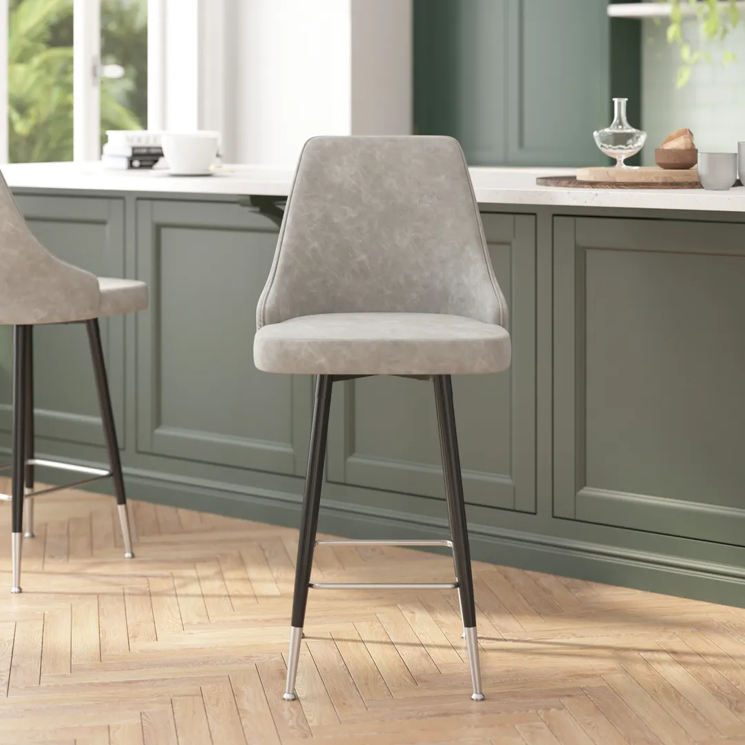 Flash Furniture SY-807-26-GY-GG Shelly Bar Stool, 26" Seat Height, 300 lb, Gray LeatherSoft, Bucket, Chrome Feet