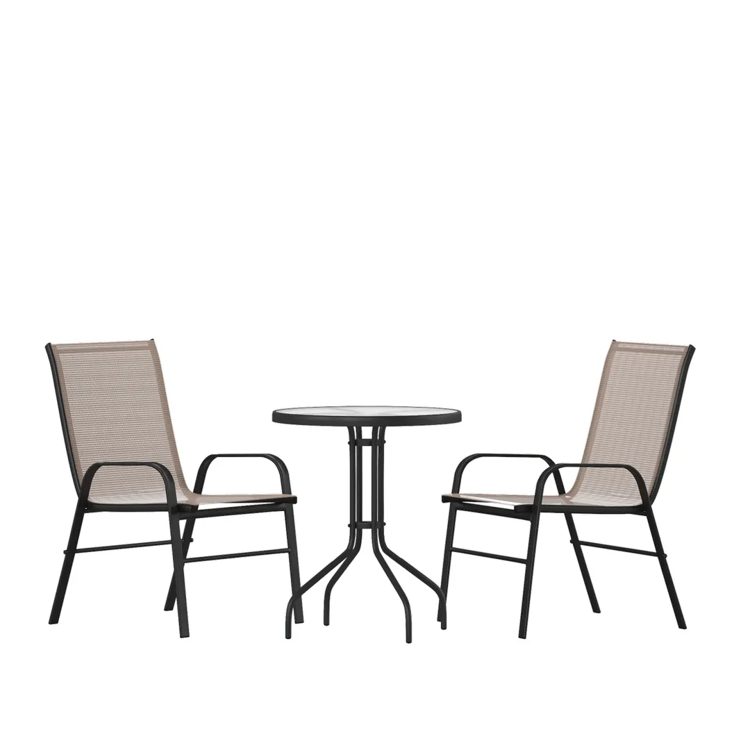 Flash Furniture TLH-0701303C-BN-GG Brazos 3 Piece Outdoor Patio Dining Set, 23.75" Round Tempered Glass Table, 2 Brown Flex Comfort Stack Chairs